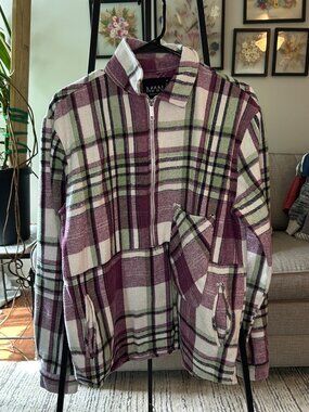 BoohooMAN Men's Purple Green Plaid Half-Zip Flannel Pullover Jacket